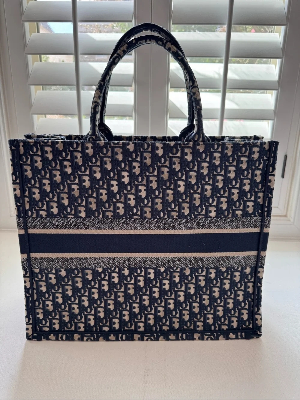 LUXE Large Book Tote Navy Blue Oblique Embroidered Canvas